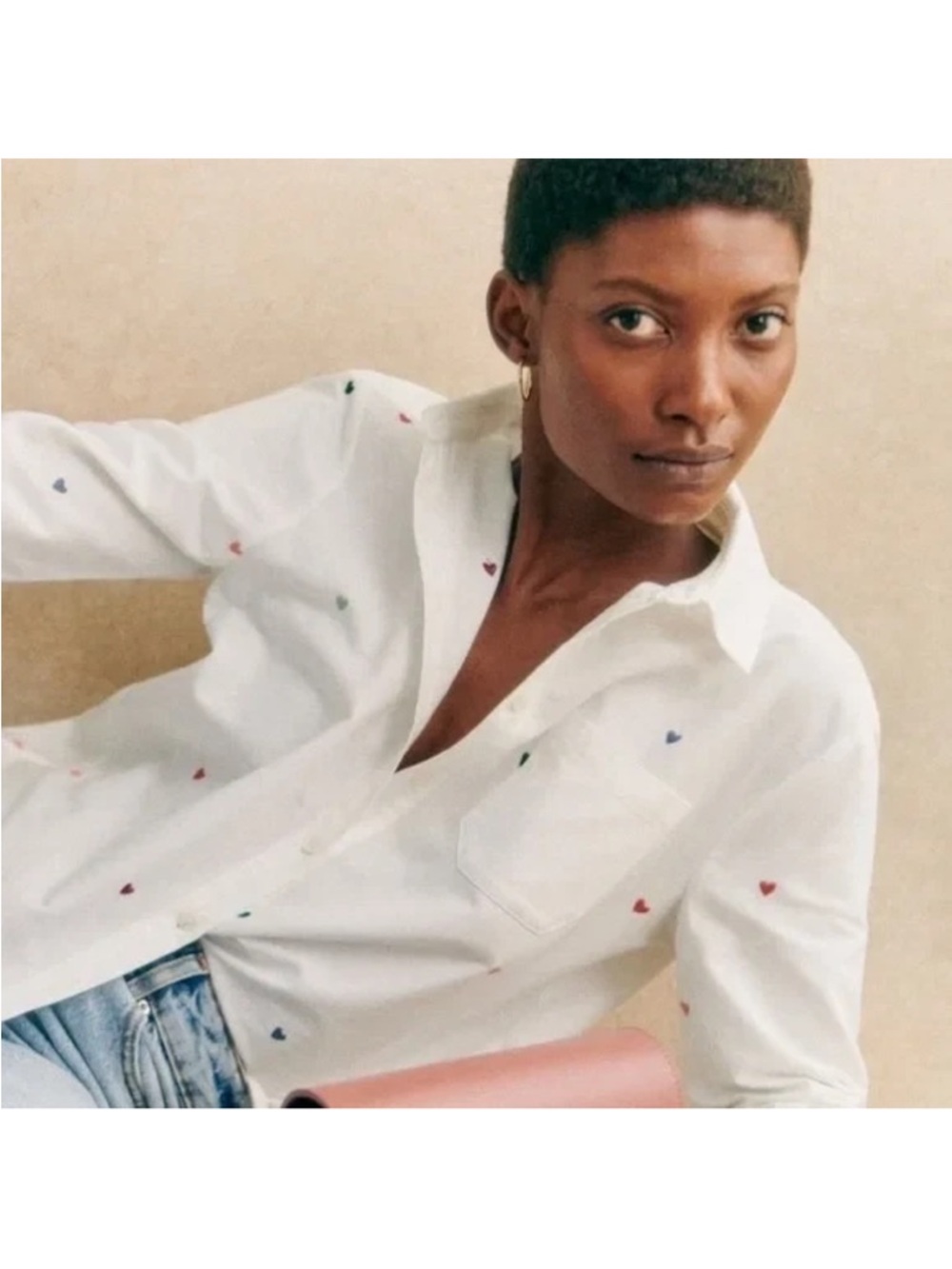 Sezane Tomboy White Button-Up Shirt Heart 34